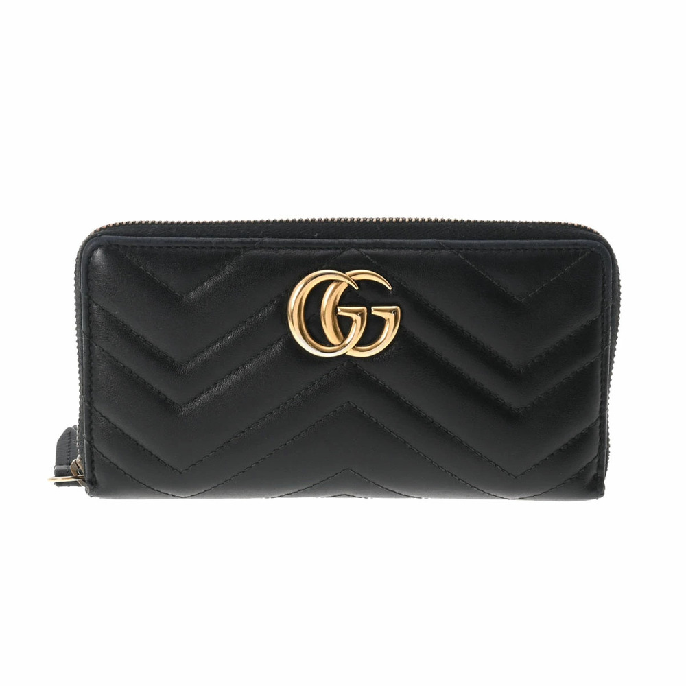 GUCCI GG Marmont Round Zip Wallet Black Leather Long